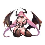  1girl absurdly_long_hair alice_(last_origin) bat_wings black_wings blue_eyes breasts corset demon_girl demon_tail detached_sleeves garter_belt gloves high_heels highres horns huge_breasts large_breasts large_wings last_origin long_hair mole mole_under_mouth official_art pink_hair snowball22 solo source_request succubus tail thighhighs transparent_background very_long_hair wings 