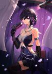  1girl absurdres ahoge bare_shoulders black_hair black_thighhighs blue_eyes breasts chair cleavage commentary_request cowboy_shot dress falling_petals highres indoors lawine_(strinova) looking_at_viewer medium_breasts medium_hair microphone_stand multicolored_hair official_alternate_costume on_chair petals purple_dress purple_hair shiokawa_(aokooo1730) sitting solo stage stage_lights strapless strapless_dress streaked_hair strinova thighhighs 