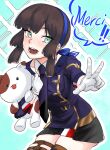  1girl black_hair black_skirt blue_hairband blue_jacket blue_necktie blue_ribbon blunt_sidelocks detached_collar flag_print freckles french_flag french_flag_print french_text gloves green_eyes hairband highres jacket kantai_collection long_hair military_uniform mogador_(kancolle) mogador_kai_(kancolle) necktie nekotarou_(nktr299) ribbon sidelocks skirt smile solo stuffed_animal stuffed_cat stuffed_toy white_gloves 