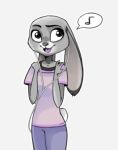 anthro bottomwear clothed clothing disney earbuds fully_clothed fur grey_body grey_fur headphones judy_hopps lagomorph leporid looking_at_viewer low_res mammal open_mouth open_smile pants rabbit rin_tyan scut_tail shirt simple_background smile solo topwear white_background zootopia 
