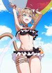  1girl animal_ears armpits ball beachball bikini bikini_skirt black_bikini blue_eyes blue_sky brown_hair cat_ears cat_girl cat_tail cloud day green_eyes hashtag-only_commentary heterochromia holding holding_ball holding_beachball honkai_(series) honkai_impact_3rd nabeiro_kin official_alternate_costume open_mouth outdoors pardofelis pardofelis_(midsummer_collector) short_hair_with_long_locks sky solo swimsuit tail thigh_strap thighs 