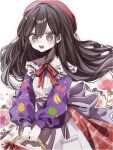  1girl :d apple_print apron back_bow banana_print basket beret black_eyes black_hair blush bow bowtie collared_shirt commentary double-parted_bangs floating_hair flower food_print frilled_shirt_collar frills fruit_print grape_print grid_print hair_between_eyes hanabata0320 hat highres holding holding_basket long_hair long_sleeves looking_at_viewer mari_(faraway)_(omori) mari_(omori) omori orange_print print_shirt puffy_long_sleeves puffy_sleeves purple_bow purple_shirt red_bow red_bowtie red_hat red_skirt shirt skirt smile solo star_(symbol) star_print strawberry_print symbol-only_commentary teeth twitter_username upper_teeth_only white_apron white_background 