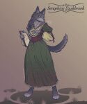5:6 absurd_res anthro canid canine canis clipboard clothed clothing corset dress dungeons_and_dragons elegant elegant_dress fantasy female fur green_clothing green_eyes grey_body grey_fur hasbro herm_(lore) hi_res lingerie mammal medieval medieval_clothing medieval_fantasy simple_background solo spoonfullofdirt topwear wizards_of_the_coast wolf