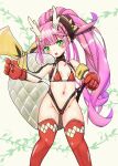  1girl absurdres armband ass_visible_through_thighs azur_lane bikini breasts dragon_girl dragon_horns dragon_tail gloves green_eyes groin haganemura high_ponytail highres horns long_hair looking_at_viewer navel official_alternate_costume petite pink_hair ponytail red_bikini red_gloves red_thighhighs ryuujou_(azur_lane) ryuujou_(the_dragon_slides_in!)_(azur_lane) small_breasts solo stomach swimsuit tail thighhighs yellow_armband 