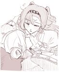  2girls absurdres blush checkered_hairband coat flying_sweatdrops greyscale hair_bun hairband highres looking_at_another monochrome multiple_girls murmew reverse:1999 single_side_bun sleeping sonetto_(reverse:1999) two_side_up vertin_(reverse:1999) yuri 