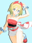  1girl :o absurdres anklet arm_up blonde_hair blue_eyes blush bracelet breasts cleavage commentary_request eyelashes flute hair_between_eyes hairband highres instrument irida_(pokemon) jewelry leg_up looking_at_viewer majikichi915 medium_hair neck_ring open_mouth pokemon pokemon_legends:_arceus red_hairband red_shoes sash shirt shoes shorts solo strapless strapless_shirt waist_cape white_shorts 