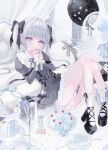  1girl balloon belt bibi-chan_(x_127x) black_belt black_nails black_ribbon black_shoes blue_eyes blue_hair box cake closed_mouth commission cupcake curtains dress english_commentary fingernails food fork frilled_dress frills gift gift_box grey_dress hair_ribbon halo high_heels highres jacket jewelry knife letterman_jacket long_hair long_sleeves looking_at_viewer nail_polish original own_hands_clasped own_hands_together pillow puffy_sleeves ribbon ring shoes socks twintails white_hair white_halo white_socks 