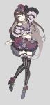 1girl aikatsu! aikatsu!_(series) arm_up belly_chain black_boots boots brown_hair floral_print flower frilled_skirt frilled_sleeves frills full_body ginjiro_(ginjiroxx) grey_background hair_flower hair_ornament high_heel_boots high_heels highres jewelry lace-up_boots long_hair long_sleeves looking_at_viewer midriff navel off-shoulder_shirt off_shoulder parted_lips pink_flower pink_rose print_skirt purple_eyes purple_flower purple_rose purple_skirt red_flower red_rose rose rose_print shibuki_ran shirt simple_background skirt solo thigh_boots 
