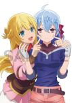  2girls :t ahoge anime_coloring arm_belt belt blonde_hair blue_eyes blue_hair braid breasts cheek_poking closed_mouth corset cowboy_shot fingerless_gloves gloves hair_between_eyes hair_ribbon long_hair long_sleeves medium_hair multiple_girls open_mouth overskirt poking red_corset red_overskirt red_ribbon red_scarf ribbon rit_(shin_no_nakama) ruti_ragnason sample_watermark scarf shin_no_nakama_janai_to_yuusha_no_party_wo_oidasareta_no_de_henkyou_de_slow_life_suru_koto_ni_shimashita short_shorts shorts simple_background sleeves_rolled_up smile standing watanabe_ruriko watermark white_background white_gloves 