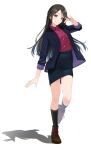  1girl absurdres ankle_boots black_hair black_jacket black_skirt black_socks blue_eyes boots braid breast_pocket brown_boots buttons collared_shirt commentary_request grin highres idolmaster idolmaster_shiny_colors jacket kneehighs knees legs long_hair long_sleeves looking_at_viewer mitsumine_yuika open_clothes open_jacket pencil_skirt pocket puriketsu_corgy red_shirt shirt simple_background skirt smile socks solo standing standing_on_one_leg striped_clothes striped_jacket teeth thighs vertical-striped_clothes vertical-striped_jacket very_long_hair white_background 
