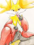  black_body black_fur blush bodily_fluids clitoris colored_pencil_(artwork) delphox dripping eiroru female fur genital_fluids half-closed_eyes hi_res inner_ear_fluff licking looking_at_viewer nintendo open_mouth orange_eyes pok&eacute;mon pok&eacute;mon_(species) pose pussy pussy_juice red_body red_fur sex_toy solo spread_legs spreading tongue tongue_out traditional_media_(artwork) tuft video_games white_body white_fur yellow_body yellow_fur 