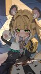  2girls animal_ears belle_(delicate_sunlight)_(zenless_zone_zero) belle_(zenless_zone_zero) black_gloves black_shirt blonde_hair blush closed_mouth cropped_jacket elbow_gloves fingerless_gloves food gloves green_eyes highres holding holding_bun holding_food jacket ju_fufu looking_at_viewer monobe_yuri multicolored_hair multiple_girls official_alternate_costume pov shirt smile steamed_bun tiger_ears tiger_girl two-tone_hair white_hair yellow_jacket zenless_zone_zero 