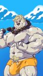  2018 anthro beard biceps big_bulge big_muscles blonde_hair body_hair brown_eyes bulge clothed clothing eyewear facial_hair flexing fur hair happy_trail huge_muscles jewelry kone_(madcow100) looking_at_viewer madcow100 male mammal muscular muscular_male necklace nipples pecs pink_nipples polar_bear solo standing sunglasses swimwear taoren topless ursid ursine veiny_muscles white_body white_fur 