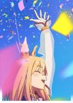  1girl ^_^ animal_ears arm_up blonde_hair blue_sky blurry blurry_foreground blush bow bowtie closed_eyes commentary_request confetti day ear_covers ear_ornament from_side gloves highres kamotsu narita_top_road_(umamusume) open_mouth outdoors profile purple_bow purple_bowtie see-through_clothes see-through_sleeves single_ear_cover sky solo umamusume white_gloves 