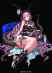 1girl absurdres amayouri aqua_nails arknights black_background black_choker black_hairband black_horns black_one-piece_swimsuit breasts chinese_commentary choker commentary_request dragon_tail fake_horns flower frilled_one-piece_swimsuit frilled_wrist_cuffs frills full_body hairband hands_on_own_ass hands_on_own_chest highres horn_flower horn_hairband horns large_breasts long_hair looking_at_viewer low-tied_long_hair official_alternate_costume one-piece_swimsuit platform_sandals purple_eyes purple_hair sandals simple_background sitting solo swimsuit tail thighs typhon_(arknights) typhon_(temperature_difference)_(arknights) very_long_hair white_flower white_wrist_cuffs wrist_cuffs 