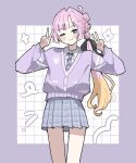  1girl ;) ahoge alternate_costume anyoji_hime black_ribbon blonde_hair blue_eyes blue_skirt blunt_sidelocks blush border cardigan closed_mouth commentary cowboy_shot diagonal-striped_clothes diagonal-striped_necktie double_v gradient_hair grid_background hair_ribbon hashtag-only_commentary head_tilt link!_like!_love_live! long_sleeves looking_at_viewer love_live! miniskirt multi-tied_hair multicolored_hair necktie one_eye_closed outside_border parted_bangs pink_hair plaid_clothes plaid_skirt pleated_skirt ponytail purple_border purple_cardigan purple_necktie ribbon s_(y7555128265305) side_part sidelocks skirt smile solo standing striped_clothes two-tone_hair v virtual_youtuber white_background 