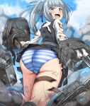  1girl absurdres adapted_turret ass black_ribbon brown_eyes dress from_behind hair_ribbon highres kantai_collection kasumi_(kancolle) kasumi_kai_ni_(kancolle) long_hair long_sleeves open_mouth panties pinafore_dress ribbon rigging school_uniform shirt side_ponytail sleeveless sleeveless_dress striped_clothes striped_panties thigh_strap torn_clothes torn_dress underwear white_shirt zanntetu 
