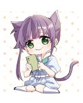  1girl animal_ears aqua_neckerchief blue_dress cat_ears cat_girl cat_tail cellphone chibi chibi_only closed_mouth collarbone commentary dress full_body green_eyes hasu_no_sora_school_uniform highres holding holding_phone kanduki_kamibukuro knees_together_feet_apart link!_like!_love_live! lone_nape_hair love_live! neckerchief orange_background otomune_kozue phone polka_dot polka_dot_background puffy_short_sleeves puffy_sleeves purple_hair sailor_collar sailor_dress school_uniform short_sleeves sidelocks smartphone smile socks solo split_mouth summer_uniform tail virtual_youtuber white_background white_sailor_collar white_socks 