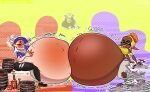 2023 belly big_belly big_man_(splatoon) blahblah866 brown_body brown_skin cephalopod female frye_(splatoon) group hi_res huge_belly inkling marine mollusk nintendo overweight plate shiver_(splatoon) simple_background sitting splatoon stuffing trio yellow_background