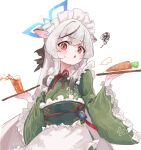  1girl alternate_costume animal_ears black_hair blue_archive blue_halo brown_eyes cat_ears cat_girl commentary_request cup drinking_glass enmaided green_kimono grey_hair halo holding holding_tray japanese_clothes kimono kokona_(blue_archive) long_hair looking_at_viewer maid maid_headdress multicolored_hair obi open_mouth sash shimeji_take simple_background streaked_hair tray two-tone_hair very_long_hair wa_maid white_background 