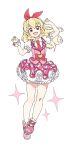  1girl :d aikatsu! aikatsu!_(series) ankle_socks blonde_hair bow bow_hairband collared_shirt full_body ginjiro_(ginjiroxx) hairband hands_up highres hoshimiya_ichigo idol_clothes long_hair looking_at_viewer open_mouth petticoat pink_shoes pink_skirt pink_vest red_bow red_eyes red_hairband shirt shoe_soles shoes skirt smile socks solo sparkle standing vest white_background white_shirt white_socks wrist_cuffs 