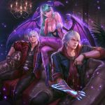  1girl 2boys animal_print aqua_hair aura bat_print blush breasts capcom chandelier claws cleavage company_connection couch crossed_legs crossover dante_(devil_may_cry) demon_girl devil_may_cry embarrassed finger_to_mouth fur_trim glowing green_hair head_wings highres jacket jewelry looking_at_another morrigan_aensland multiple_boys nero_(devil_may_cry) official_art ring short_hair silver_hair sitting smile succubus teppen vampire_(game) wings zipper 