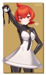  1girl absurdres ball_gag bodysuit breasts dress gag highres holding_gag impossible_bodysuit impossible_clothes latex latex_bodysuit latex_dress looking_at_viewer maguro27 mars_(pokemon) medium_breasts pokemon pokemon_dppt red_eyes red_hair skin_tight smile solo standing 