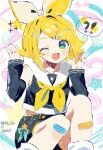  !? 1girl bad_anatomy bad_hands bandaid bandaid_on_knee bandaid_on_leg blonde_hair blue_eyes bow detached_sleeves hair_bow hair_ornament hands_up head_tilt highres kagamine_rin looking_at_viewer non-web_source one_eye_closed open_mouth puppy_cide sailor_collar short_hair signature simple_background sitting smile solo vocaloid 