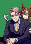  1boy 1girl absurdres animal_ears bamboo_memory_(umamusume) blue_eyes brown_hair clenched_hand commentary ear_ornament gloves grin hair_between_eyes hairband highres horse_ears horse_girl jose_(joseeidossei) lapel_pin looking_at_viewer multicolored_hair nase_hidehito necktie old old_man own_hands_together red_eyes simple_background single_hair_intake smile suit two-tone_hair umamusume umamusume:_cinderella_gray upper_body watch white_gloves white_hair wristwatch yellow_necktie 