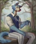  2019 absurd_res anthro beastars black_nose blood bodily_fluids bottomwear canid canine canis cheek_tuft cjayce claws clothed clothing detailed detailed_background face_tuft fluffy fluffy_tail fully_clothed hi_res legosi_(beastars) light lighting looking_at_viewer male mammal necktie outside painting_(artwork) pants shirt sitting solo topwear traditional_media_(artwork) tree tuft wolf 