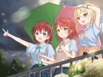  3girls absurdres after_rain blonde_hair blue_eyes blue_shirt blurry blush bokeh braid breasts brown_hair cardigan cardigan_around_waist clothes_around_waist cloud cloudy_sky commentary depth_of_field emma_verde fence flower green_eyes hair_between_eyes hair_ornament hairclip hanazora_satsuki highres holding holding_umbrella hydrangea lens_flare looking_ahead love_live! love_live!_nijigasaki_high_school_idol_club medium_breasts medium_hair miyashita_ai multiple_girls neck_ribbon nijigasaki_school_uniform open_mouth orange_eyes outdoors outstretched_arm pink_hair plaid_clothes plaid_skirt pleated_skirt pointing pointing_forward ponytail ribbon school_uniform scrunchie shirt short_sleeves sidelocks skirt sky smile summer_uniform sweater_vest symbol-only_commentary twin_braids uehara_ayumu umbrella wrist_scrunchie 
