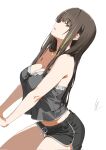  1girl black_camisole black_shorts breasts brown_eyes brown_hair camisole commentary dolphin_shorts english_commentary girls&#039;_frontline green_hair highres kuro_ten7 long_hair m4a1_(girls&#039;_frontline) making-of_available medium_breasts midriff multicolored_hair parted_lips shorts signature simple_background solo streaked_hair two-tone_hair white_background 