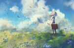  1girl black_pantyhose blue_sky boots brown_boots capelet cloud day earrings elf falling_petals field floating_clothes floating_hair flower frieren gold_trim grass highres holding jacket jewelry khoawaii long_hair long_sleeves looking_ahead outdoors pantyhose petals pointy_ears scenery skirt sky solo sousou_no_frieren standing suitcase teardrop_earrings twintails white_capelet white_hair white_jacket white_skirt wide_shot wind 