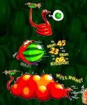 2022 absurd_res belly big_belly blahblah866 donkey_kong_64 duo female feral food fruit green_background hi_res melon overweight plant red_body reptile scalie simple_background snake stuffing text turtle watermelon