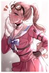  1girl barbed_wire black_choker blonde_hair blush bow bowtie breasts brown_gloves choker danganronpa_(series) danganronpa_v3:_killing_harmony fingerless_gloves from_side gloves goggles goggles_on_head hand_up highres iruma_miu large_breasts long_sleeves notice_lines o-ring outline pink_background pink_shirt pink_skirt pleated_skirt ponytail purple_bow purple_bowtie sailor_collar shirt skirt sweat white_background white_outline white_sailor_collar yuyu_(yuuyudayo1211) 