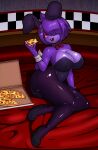 absurd_res accessory anthro big_breasts black_clothing black_footwear black_high_heels blush bonnie_(fnaf) bow_tie breasts buckteeth chacrawarrior cleavage clothed clothing container cuffs_(clothing) eyelashes eyeshadow female five_nights_at_freddy&#039;s food footwear front_view fur hair hair_accessory hair_over_eye hi_res high_heels holding_food holding_object holding_pizza huge_breasts lagomorph legwear leotard leporid makeup mammal open_mouth open_smile pink_eyes pink_eyeshadow pizza pizza_box pizza_slice purple_body purple_clothing purple_fur purple_hair purple_legwear purple_leotard purple_tights rabbit red_bow_tie scottgames shoes short_hair smile solo teeth thick_thighs tights wide_hips