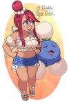 1girl 2024_pokemon_teraleak absurdres blue_eyes closed_eyes collarbone dark-skinned_female dark_skin denim denim_shorts full_body highres hot jumpluff midriff navel official_alternate_costume pokemon pokemon_(creature) pokemon_masters_ex red_hair sandals shorts skyla_(pokemon) skyla_(summer_2025)_(pokemon) spanish_text sweat yamouri 
