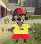 1:1 ailurid anthro bottomwear brown_body brown_eyes brown_fur brown_hair candy cattledoq clothing despicable_me dessert food footwear fur hair hat headgear headwear illumination_entertainment legwear lollipop male mammal mealcan minion_(despicable_me) multicolored_clothing multicolored_footwear multicolored_socks open_mouth propeller_hat rainbow_clothing rainbow_footwear rainbow_socks red_bottomwear red_clothing red_panda red_shorts shirt shorts socks solo thigh_highs topwear yellow_clothing yellow_shirt yellow_topwear
