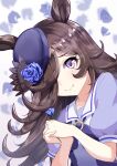  1girl animal_ears blue_flower blue_hat blue_rose bow bowtie brown_hair closed_mouth flipped_hair flower flower_ornament hair_over_one_eye hat hat_flower highres holding holding_flower horse_ears horse_girl long_hair looking_at_viewer own_hands_clasped own_hands_together petals puffy_short_sleeves puffy_sleeves purple_bow purple_bowtie purple_eyes rice_shower_(umamusume) rose sailor_collar school_uniform short_sleeves simple_background single_tear smile solo takesyun tilted_headwear tracen_school_uniform umamusume upper_body white_sailor_collar 