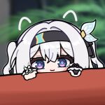  1girl :3 black_hairband black_ribbon blue_pupils blush_stickers bridal_gauntlets drawn_ears firefly_(honkai:_star_rail) frilled_sleeves frills grey_hair hair_between_eyes hair_intakes hair_ornament hair_ribbon hairband honkai:_star_rail honkai_(series) ldd.ek long_sleeves multicolored_eyes ribbon short_twintails single_bridal_gauntlet smile solo twintails white_sleeves 