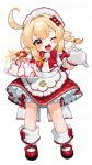  1girl ;o ahoge alternate_costume apron blonde_hair blush bow bowtie commentary dress enmaided food frilled_apron frilled_hairband frills full_body genshin_impact gloves gotoh_(nekocat) gradient_hair hair_between_eyes hair_bow hair_ornament hairband hand_up highres holding holding_pastry_bag holding_tray klee_(genshin_impact) long_hair maid maid_headdress multicolored_hair one_eye_closed open_mouth pastry_bag pointy_ears red_bow red_bowtie red_dress red_shoes shoes solo standing symbol-only_commentary teeth tongue tongue_out tray upper_teeth_only waist_apron watermark whipped_cream white_apron white_gloves white_hairband 