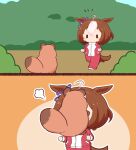  1girl animal_ears animal_on_face blush brown_hair chibi chibi_only commentary_request day ear_ribbon gomashio_(goma_feet) horse_ears horse_girl horse_tail jacket long_sleeves meisho_doto_(umamusume) multicolored_hair no_mouth outdoors outline pants puff_of_air purple_ribbon red_jacket red_pants ribbon short_hair tail tracen_training_uniform track_jacket two-tone_hair umamusume white_hair white_outline |_| 