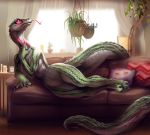  2019 anthro breasts claws female fivel furniture hi_res inside lying nude on_side pillow plant reptile scales scalie smile snake sofa solo tongue tongue_out 