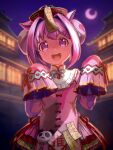  1girl absurdres agnes_digital_(lovely_jiangshi)_(umamusume) agnes_digital_(umamusume) agnes_digital_(umamusume)_(cosplay) animal_ears blurry blurry_background building bun_cover commentary_request cosplay crescent_moon detached_sleeves double_bun dress hair_bun hair_intakes hands_up haru_urara_(umamusume) hat highres horse_ears horse_girl looking_at_viewer moko39_takasora moon night ofuda open_mouth outdoors pink_dress pink_eyes pink_hair pink_moon qingdai_guanmao sleeveless sleeveless_dress sleeves_past_fingers sleeves_past_wrists smile solo symbol-shaped_pupils umamusume upper_body v-shaped_eyebrows 