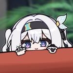 1girl :3 black_hairband black_ribbon blue_pupils blush_stickers bridal_gauntlets firefly_(honkai:_star_rail) frilled_sleeves frills grey_hair hair_between_eyes hair_intakes hair_ornament hair_ribbon hairband honkai:_star_rail honkai_(series) ldd.ek long_sleeves multicolored_eyes ribbon short_twintails single_bridal_gauntlet smile solo twintails white_sleeves 