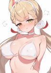  1girl :t alice_thymefield animal_ears arms_behind_back bikini bitseon blonde_hair braid breasts choker closed_mouth collarbone commentary covered_nipples fox_ears fox_girl heterochromia highres large_breasts long_hair looking_at_viewer pout puff_of_air red_eyes solo swimsuit twintails upper_body white_bikini white_choker yellow_eyes zenless_zone_zero 