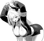  1girl admiral_zenker_(azur_lane) admiral_zenker_(fun_with...interrogations?)_(azur_lane) armband arms_up azur_lane azur_lane:_slow_ahead bent_over bound bound_wrists breasts cleavage cuffs greyscale handcuffs hori_(hori_no_su) horns large_breasts long_sleeves looking_at_viewer monochrome official_art open_mouth pencil_skirt shirt simple_background skirt smile solo variant_set white_background 