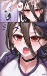  1boy 2girls absurdres anger_vein artist_name black_hair blue_archive blue_skirt breasts broken_heart brown_hair cleavage collarbone djqn_gts giant giantess gym_uniform hair_between_eyes hasumi_(blue_archive) hasumi_(track)_(blue_archive) heart highres huge_breasts imminent_vore jacket long_hair long_sleeves mole mole_under_eye multiple_girls official_alternate_costume original pleated_skirt red_eyes shirt short_hair size_difference skirt spoken_broken_heart uvula white_shirt 