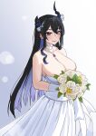  1girl absurdres black_hair black_horns bouquet breasts broken_horn choker cleavage closed_mouth collarbone colored_inner_hair dress flower hair_flower hair_ornament highres holding holding_bouquet hololive hololive_english horns jewelry kuon_bb large_breasts long_hair mole mole_under_eye multicolored_hair necklace nerissa_ravencroft pink_eyes purple_hair rose solo strapless strapless_dress virtual_youtuber wedding_dress white_choker white_dress white_flower white_rose 