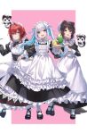  3girls :3 :d a-er_(akkij0358) alternate_costume ange_katrina animal_ears apron arm_strap asymmetrical_bangs banken_(inui_toko) bib_collar bird black_bow black_bowtie black_dress black_shoes blue_eyes blue_hair blue_ribbon border bow bowtie breasts brown_hair bun_cover cherry collared_dress commentary_request creature crossed_bangs cup dog_ears dog_girl dog_tail dress drinking_glass enmaided floating flower food frilled_apron frilled_dress frills fruit full_body grin group_picture hair_between_eyes hair_flower hair_intakes hair_ornament hair_ribbon hand_on_own_hip hand_up heterochromia highres holding holding_teapot holding_tray hurricane_glass ice_cream ice_cream_float inui_toko inui_toko_(7th_costume) juliet_sleeves light_blush lize_helesta lize_helesta_(9th_costume) long_dress long_hair long_sleeves looking_at_viewer maid maid_apron maid_headdress mandragora_(ange_katrina) mary_janes medium_hair melon_soda monocle multicolored_hair multiple_girls name_tag neck_ribbon nijisanji open_mouth outside_border pink_background puffy_long_sleeves puffy_sleeves purple_eyes red_eyes red_hair red_ribbon ribbon sanbaka_(nijisanji) sebastian_piyodore shoes sidelocks simple_background skirt_hold sleeve_cuffs small_breasts smile socks standing streaked_hair tail teapot tray twintails two-tone_hair virtual_youtuber waist_apron white_apron white_border white_hair white_headdress white_socks yellow_bird yellow_eyes 